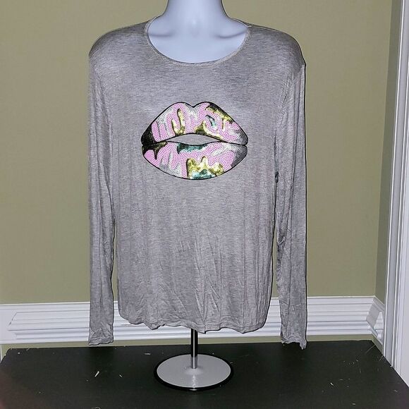 Melissa Masse Heather Gray Top Sequin Camo Lips Women's Plus Sz XXL 2X - Picture 1 of 6